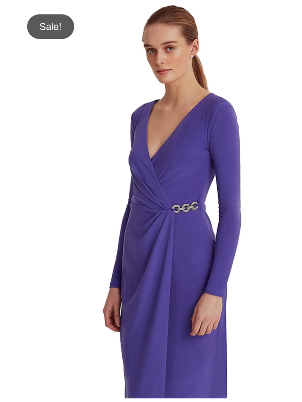 Ralph Lauren Violet Long-Sleeve Faux-Wrap Dress with Chain Accent